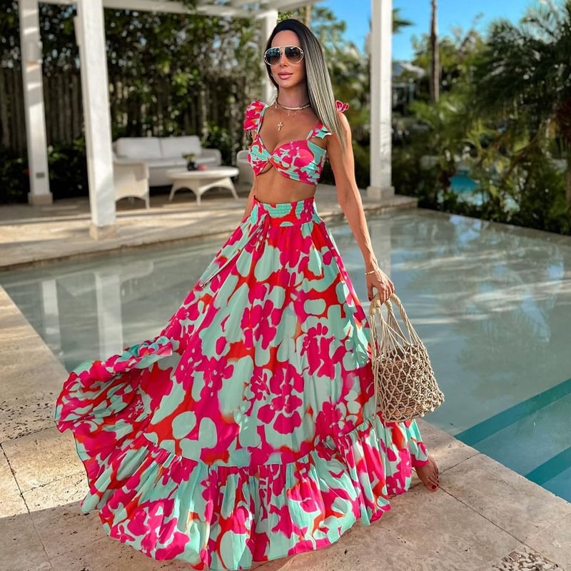 High-Waist Bikini Two-Piece Swimsuit with Beach Vacation Skirt Set for Women