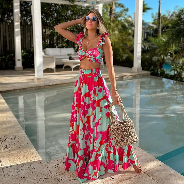 High-Waist Bikini Two-Piece Swimsuit with Beach Vacation Skirt Set for Women